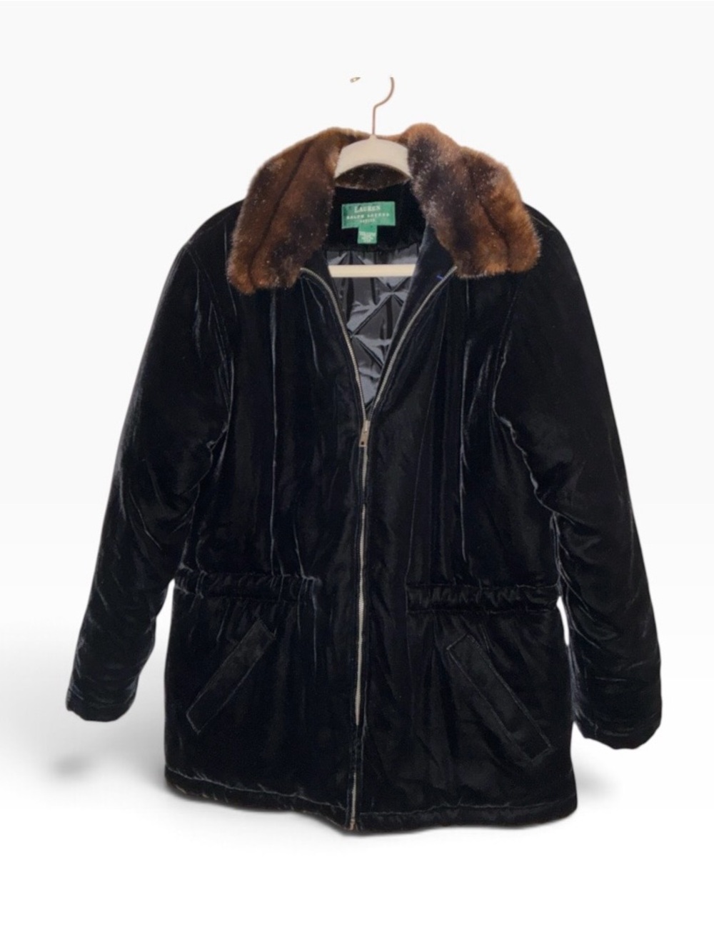 Lauren Ralph Lauren Silk Rayon Velvet Quilted Jacket Faux Fur Sz M Petite